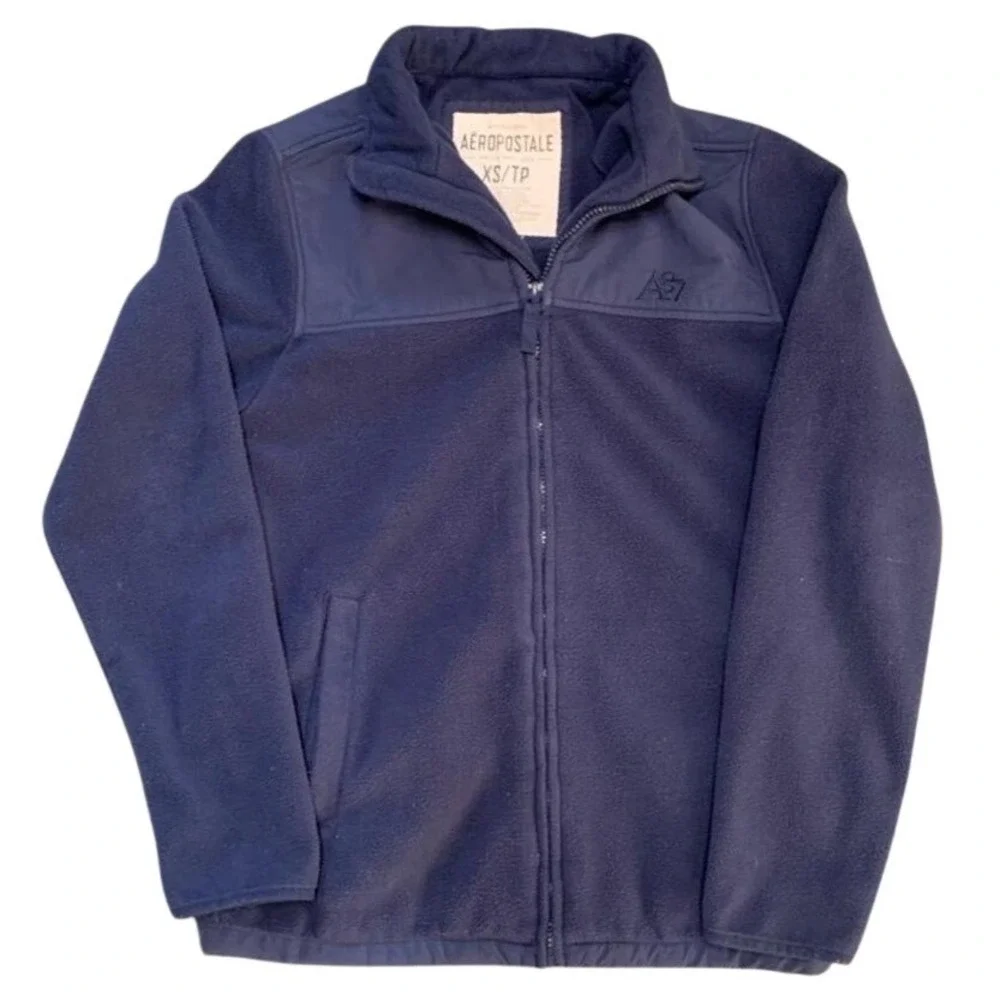 Aeropostale Mens XS Navy Blue Full‎ Zip Fleece Jacket A87 Logo Mock Neck
